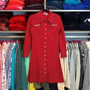 Vintage 70’s Verona Knits red/white polka dot long sleeve button down dress sz 6